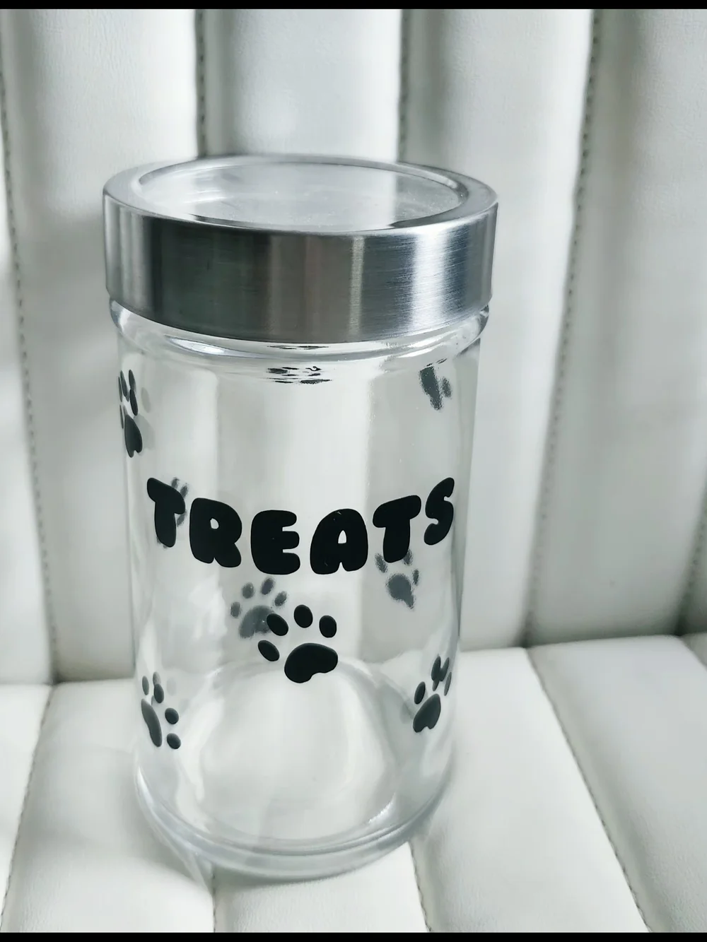 Dog Treat Jar with Silver Lid - Clear Glass Black Paw Print Design
